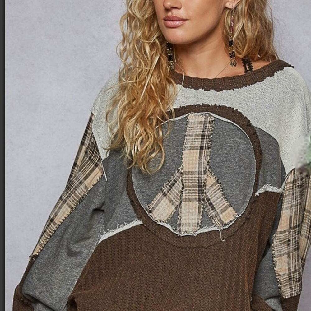 POL Peace Sign Sweater M Oversized Patchwork Plaid Boho Hippie Lagenlook